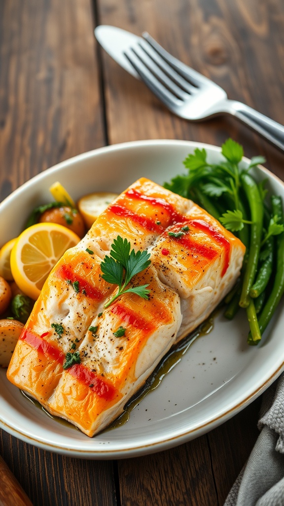 Baked salmon fillet garnished with parsley and lemon on a rustic table.